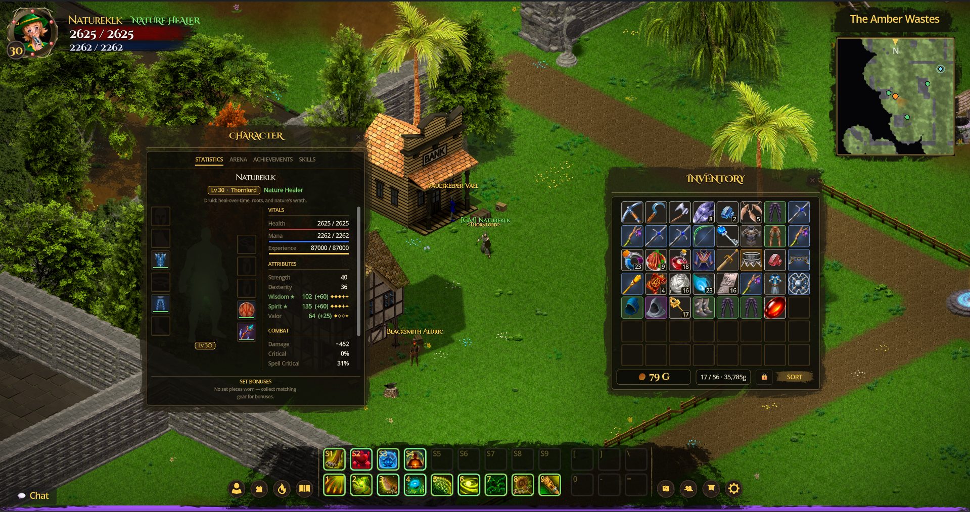 The character sheet and bags: attributes, combat stats and rolled gear