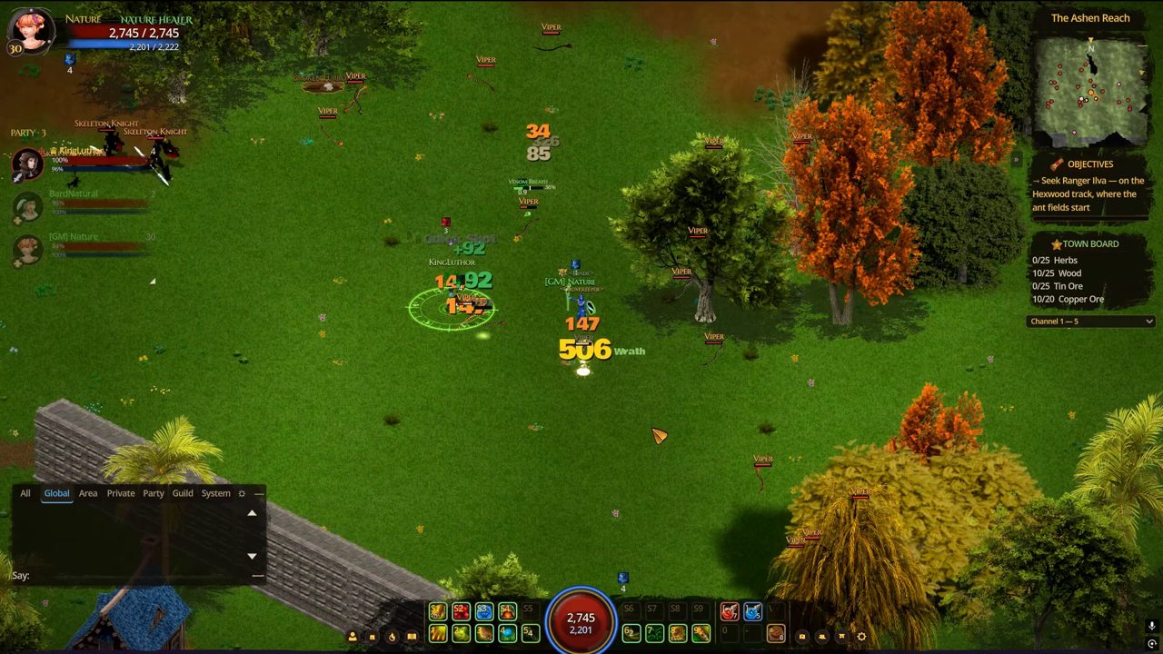 Open-field combat: a crit landing for 506 with party frames and floating damage numbers
