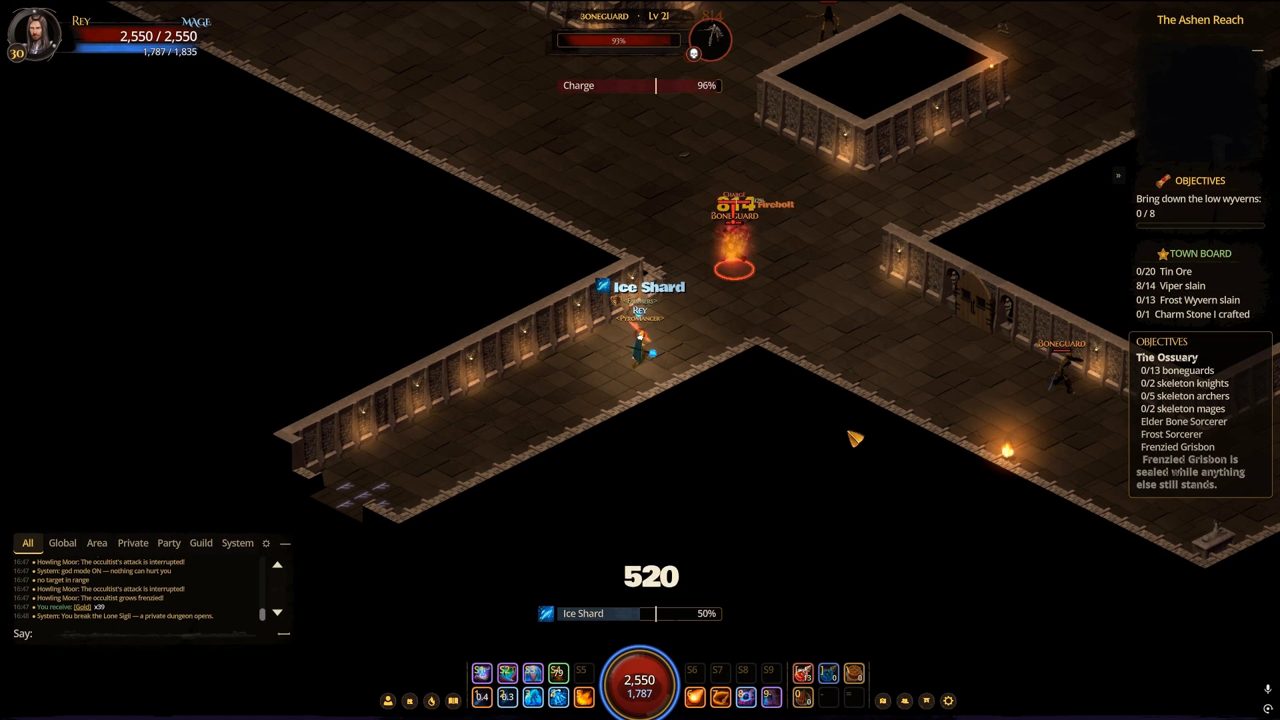 Inside the Ossuary: lit braziers down a stone crossroads, a cast bar mid-Ice Shard and the objective list