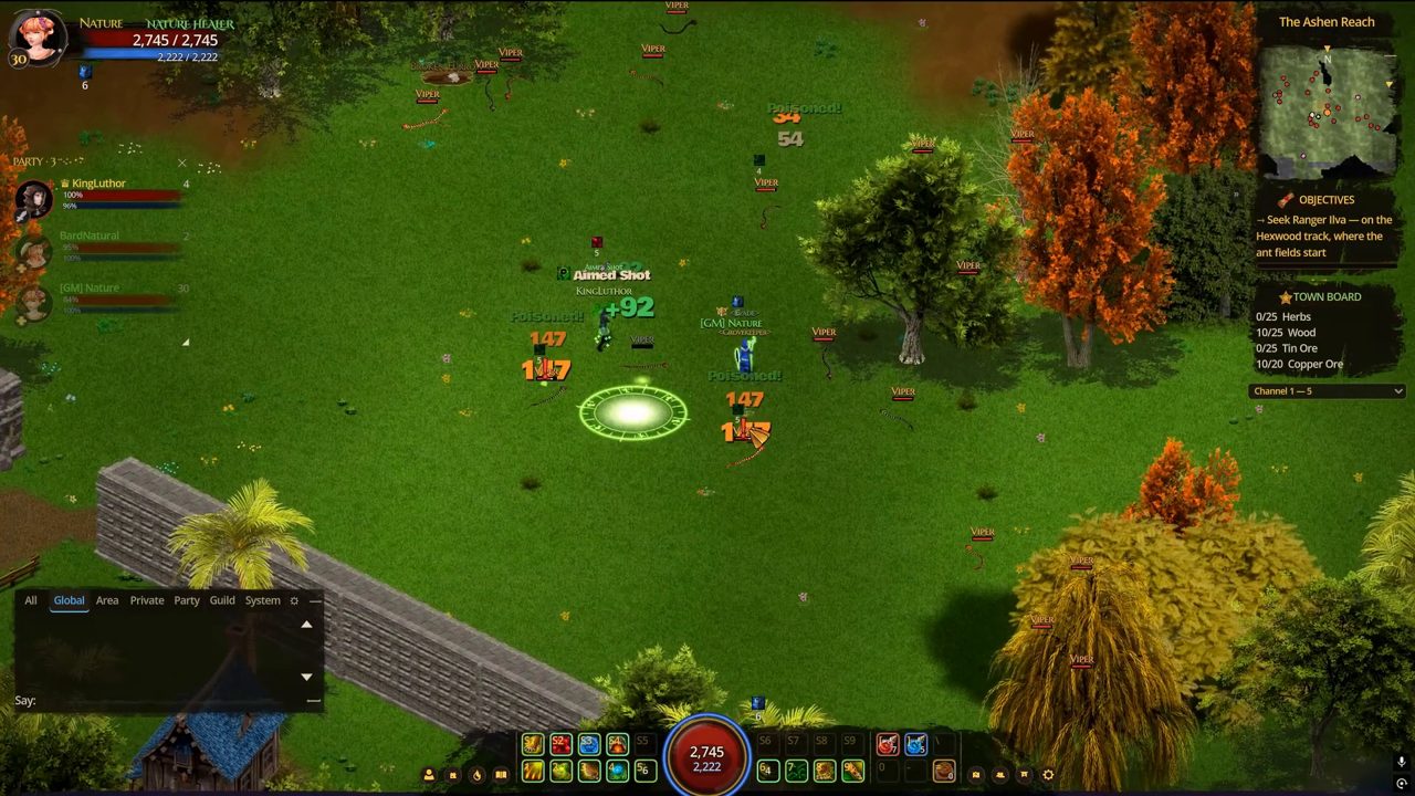 A fight in progress: damage numbers, health bars and party frames, every value decided by the server