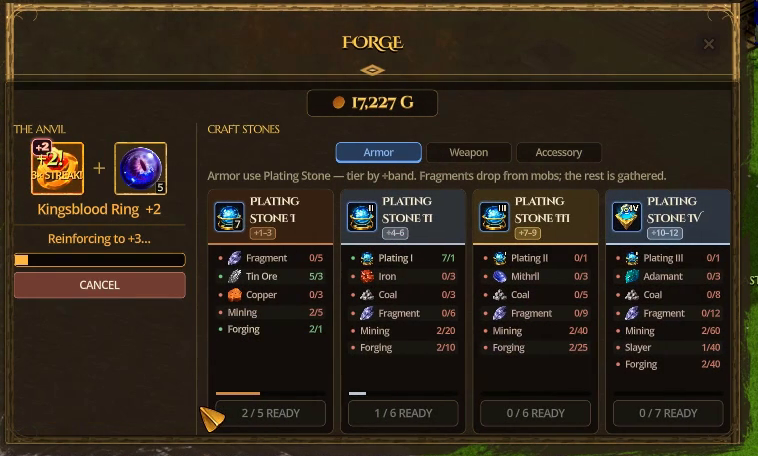 The Forge: a Kingsblood Ring reinforcing to +3, with the four tiers of Plating Stone and their ingredients