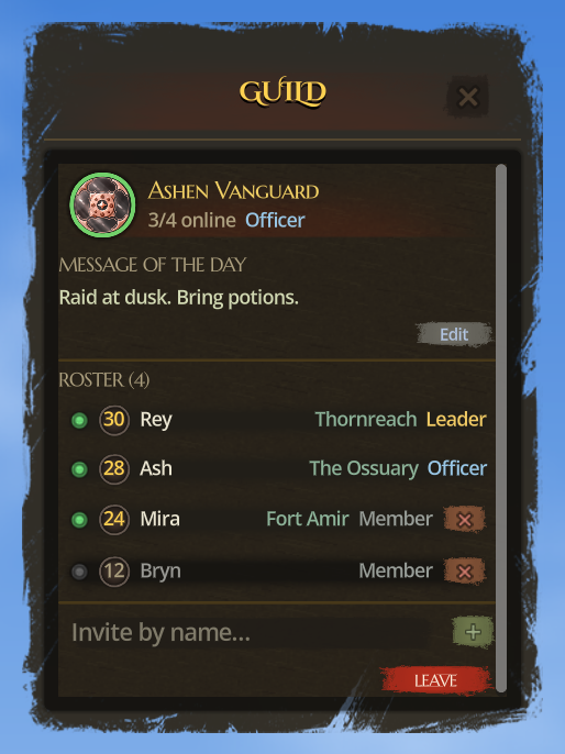 The guild window: Ashen Vanguard, its message of the day, and a four-strong roster with ranks and zones