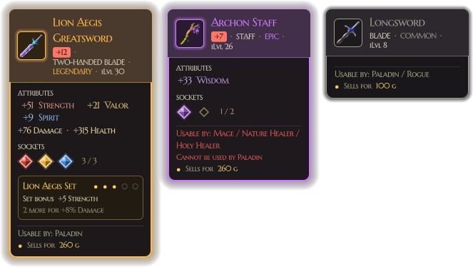 Three in-game item cards: a +12 Legendary greatsword with three Radiant gems, an Epic staff with an open socket, and a Common longsword