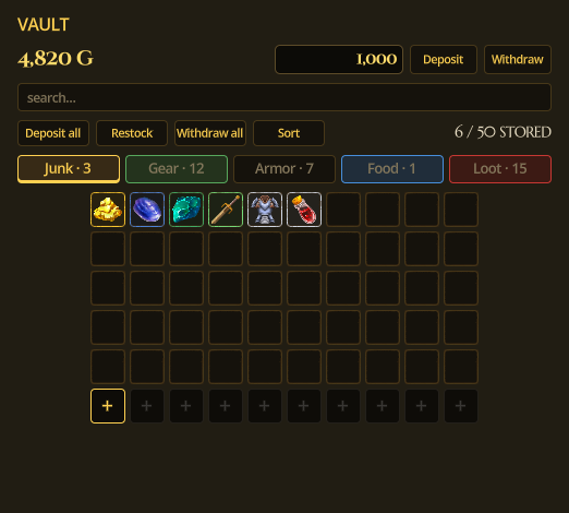 The vault: gold balance, deposit and withdraw, search, colour-coded tabs, and a grid where extra cells are bought with gold