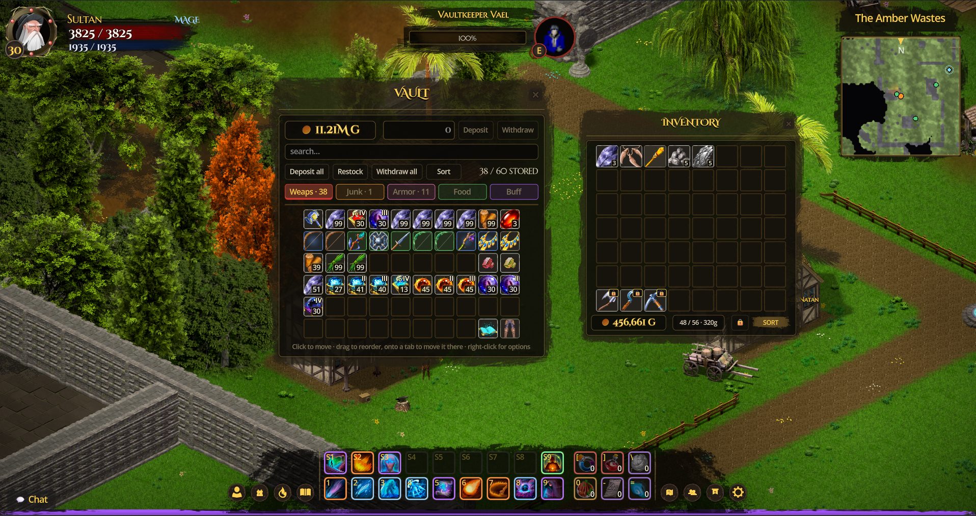 The vault: tabbed storage, deposit-all, restock and the gold sink