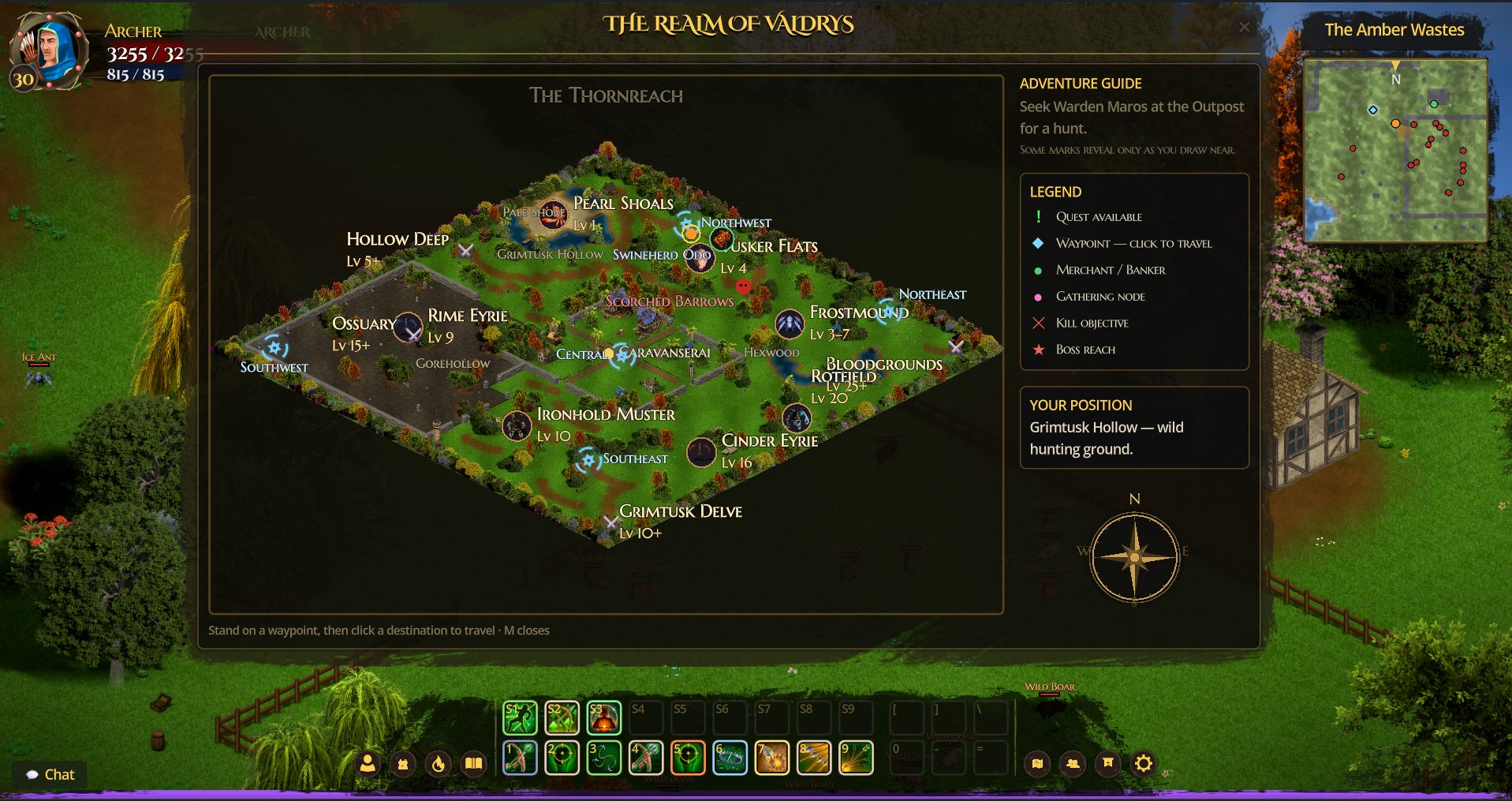 The realm map showing waypoints, quest markers, gathering nodes and boss reaches